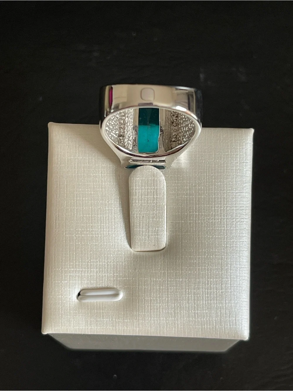 Silver plated Rectangular Teal crystal Cocktail Ring.